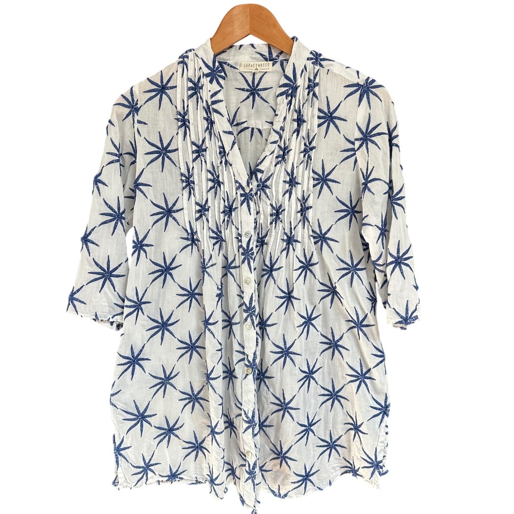 Laraethnics Women White Blue Embroidered Starburst Cotton Tunic Top Size‎ S/M
